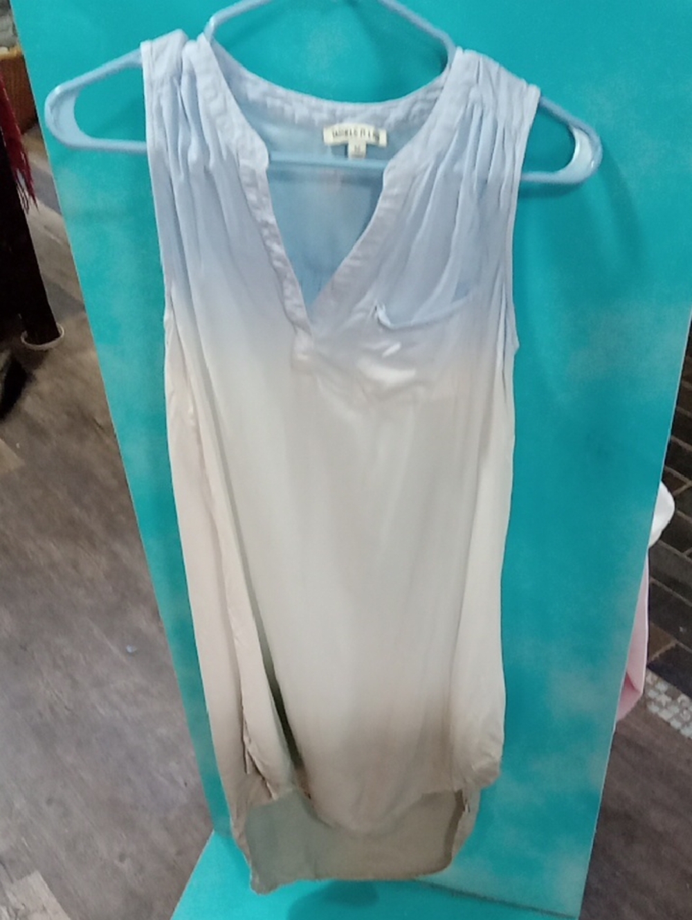 (438) Sleeveless Light Blue, Off White & Grey, V-Neck Chemise Slip / Nightgown
